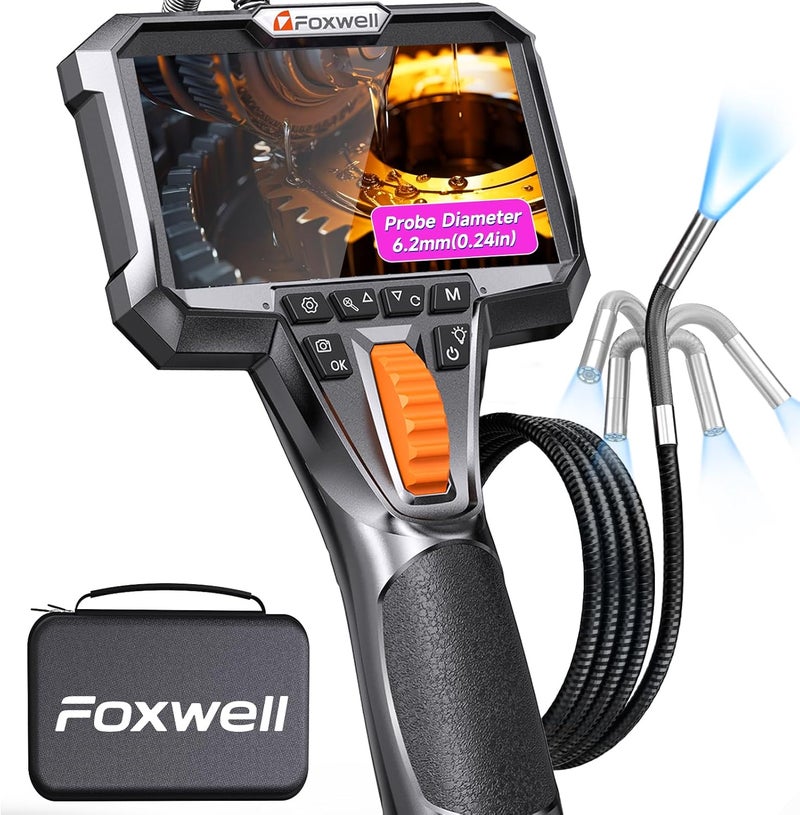 Foxwell 2-Way Articulating Borescope Camera with Light, 0.24in Industrial Endoscope Inspection Camera with Articulated Snake Cameras, HD Video Scope for Automotive Engine HVAC Inspection - 5.25FT - Image 1